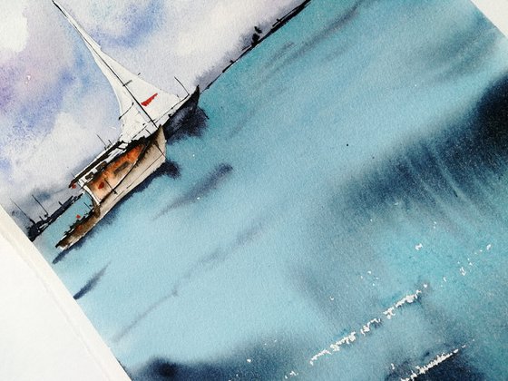 Sailboat painting. Seascape