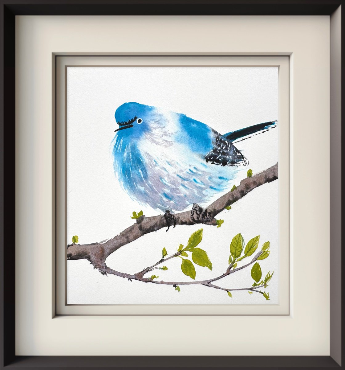 Animal Watercolour By Yuliia Sharapova, 11 X 12", Blue-Gray Gnatcatcher Bird, Original Artwork