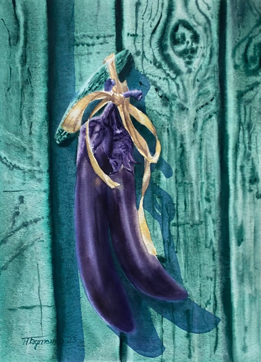 Illustrative Botanical Watercolour By Natalia Butenko, 11 X 15", Eggplant On The Emerald Fence, Original Artwork