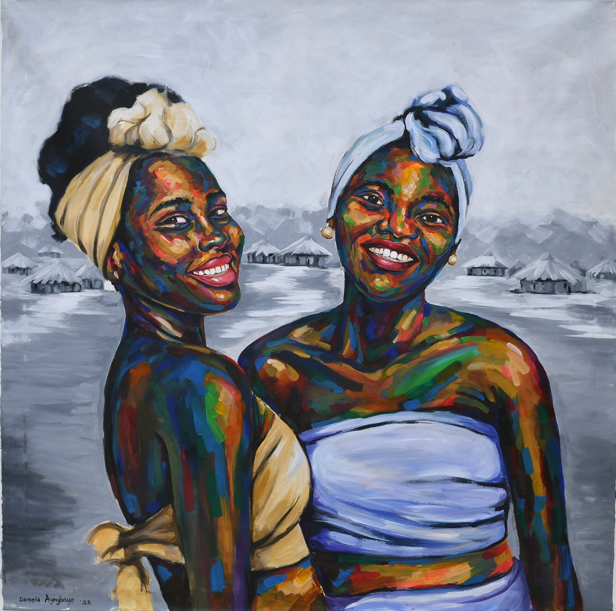 Expressive Portrait Acrylic Painting By Damola Ayegbayo, 48 X 48, Inside The Black Pot, Original Artwork