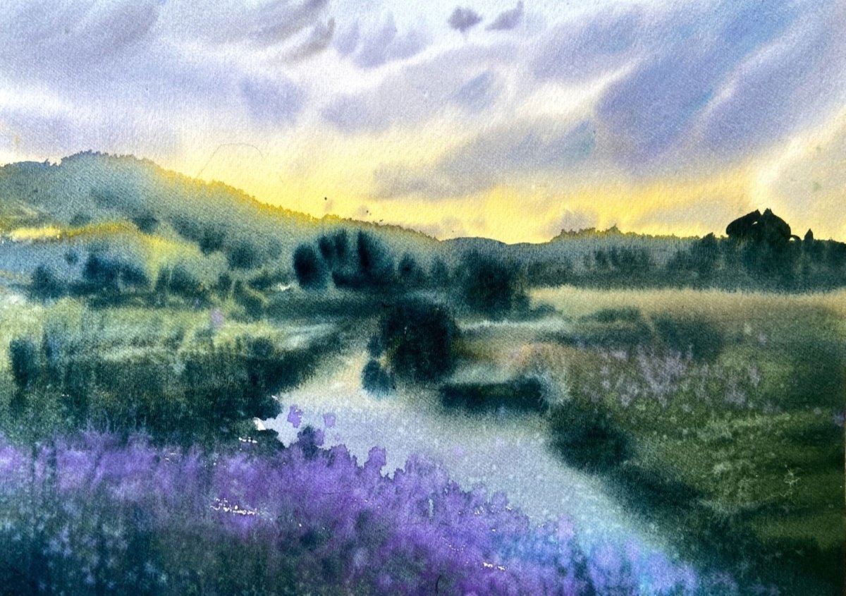 Impressionistic Landscape Watercolour By Nadiia Dubei, 12 X 9", Sunset . Original Artwork, Original Artwork
