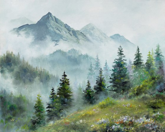 Misty mountains and pine trees