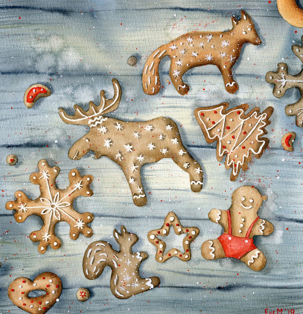 Christmas cookies. Original watercolor artwork. by Evgeniya Mokeeva