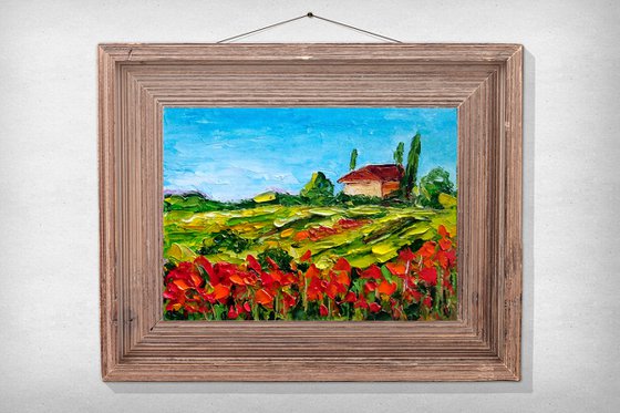Tuscany Painting Poppy Original Art Landscape Oil Painting Impasto Small Artwork Meadow Wall Art