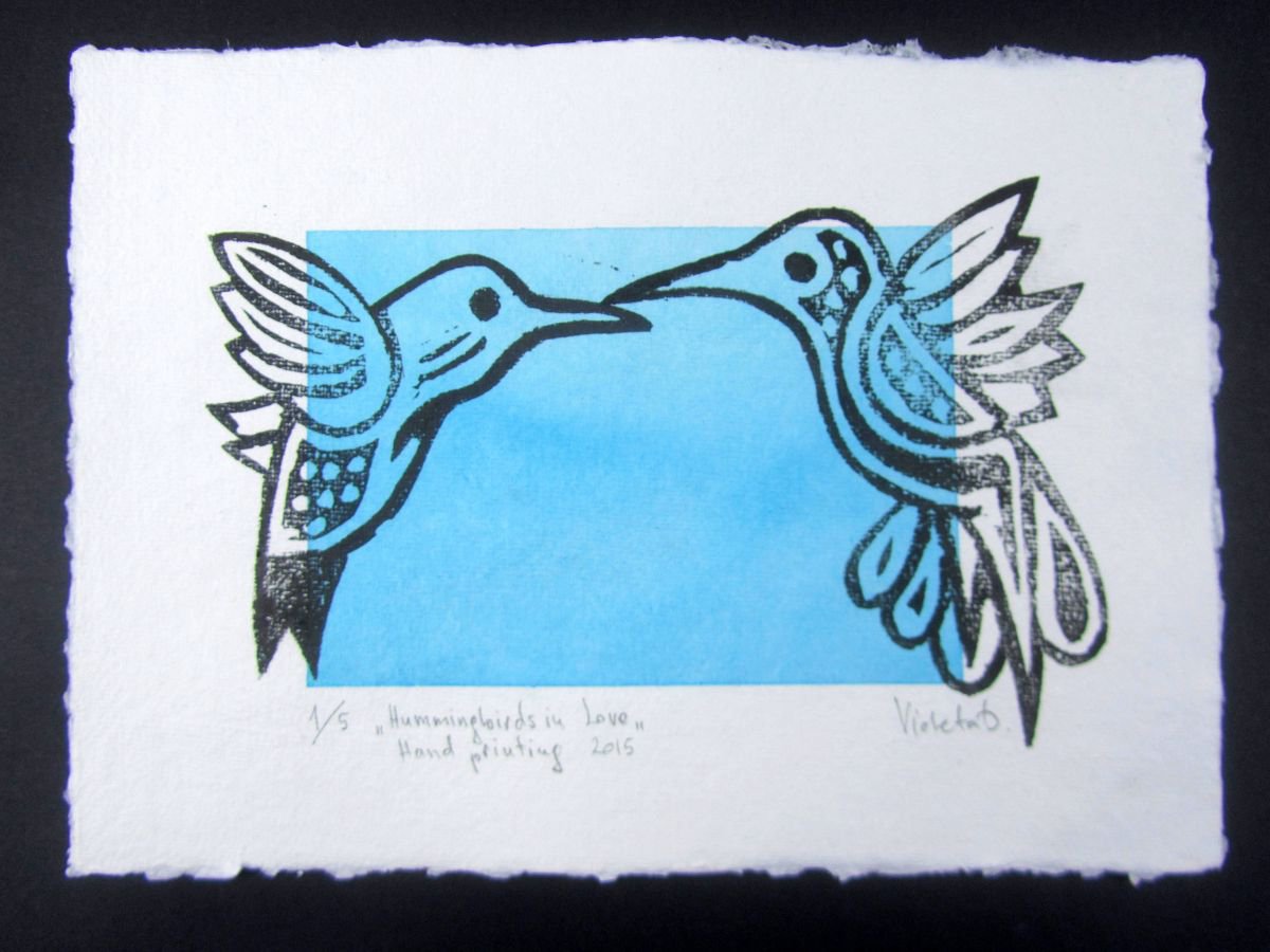 Hummingbirds in Love (Linocut) by Violeta Damjanovic-Behrendt