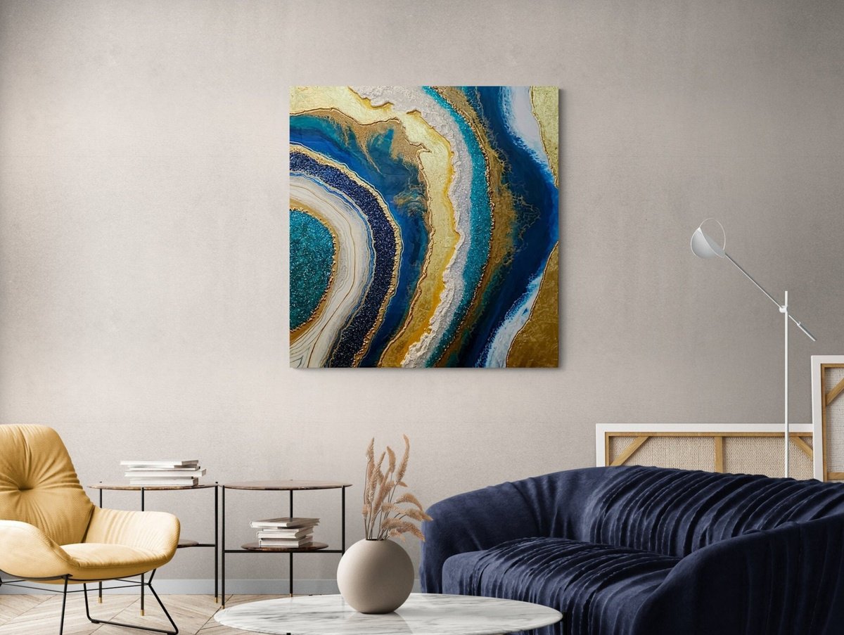 Organic Abstract Painting By Jane Biven, 40 X 42, Blue And Gold Geode, Original Artwork