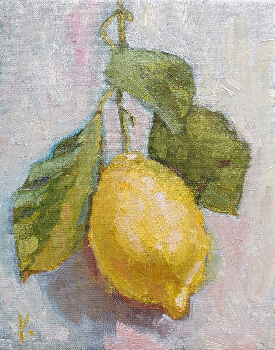 Impressionistic Still Life Oil Painting By Olena Kolotova, 9 X 12", Still-Life Fruit Sunny Lemon, Original Artwork