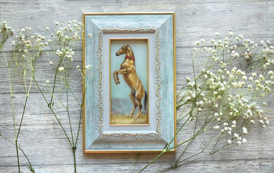 Small horse art in light teal blue frame Original pastel drawing