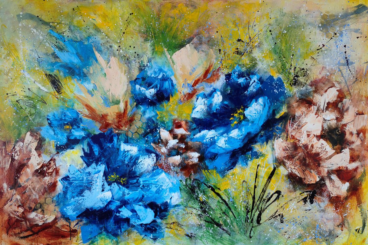 Abstract Botanical Acrylic Painting By Vera Hoi, 47 X 31", "Dance Of The Flowers" From "Colours Of Summer" Collection, Xl Abstract Flower Painting, Artfinder