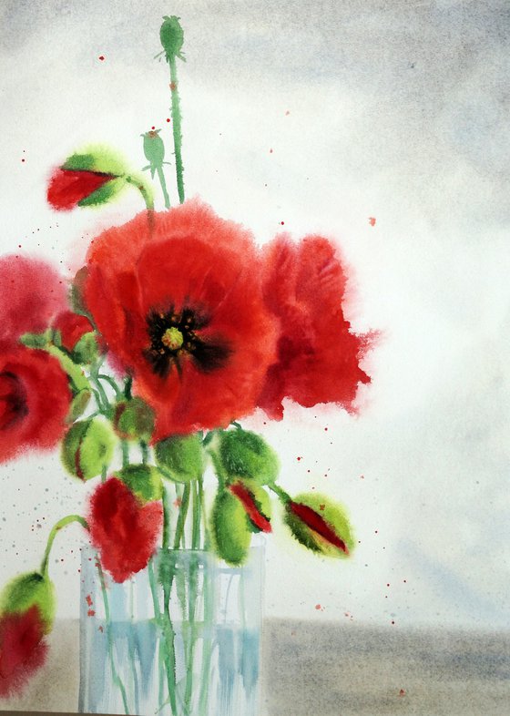 Bouquet of red poppies - Red Poppy - poppy watercolour - poppies - poppie watercolor