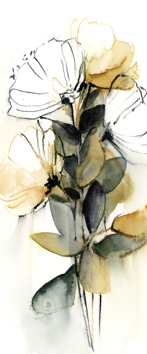 Floral Composition in Mustard and Green n.1 by Sophie Rodionov