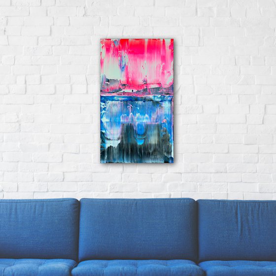 "From The Ice Age To The Pink Age" - FREE USA SHIPPING - Original PMS Abstract Acrylic Painting On Reclaimed Wood Panel - 14" x 24"