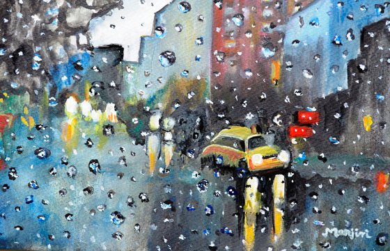 Long Drive in Rain romantic watercolor painting