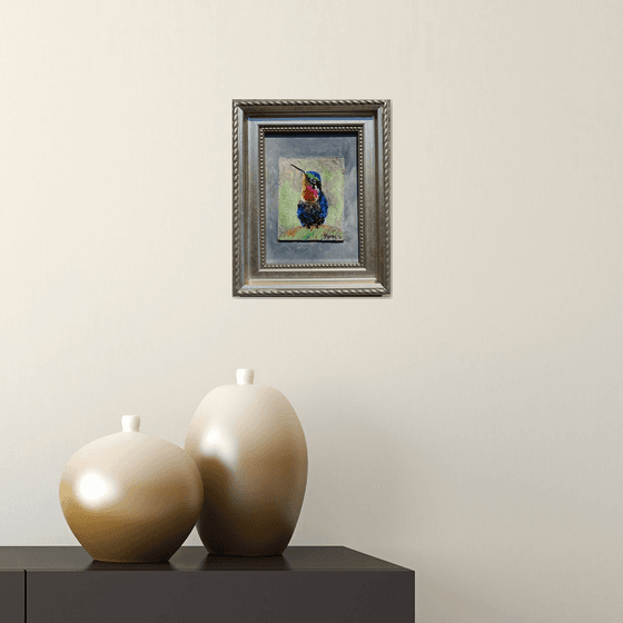 Colorful Hummingbird  oil painting on a gessoed masonite mounted on gessoed panelboard 5x7