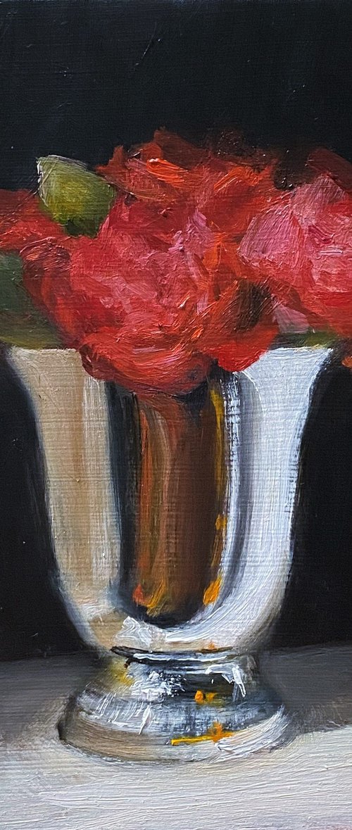 Original Oil Painting Still Life Red Flowers in Vintage Silver. by Jackie Smith