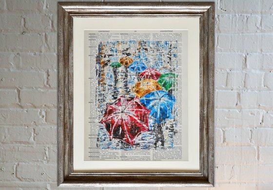 Umbrellas - Collage Art on Large Real English Dictionary Vintage Book Page