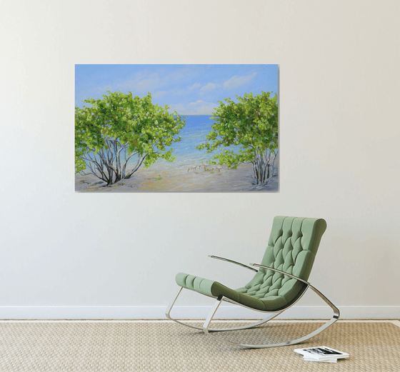 ENDLESS SUMMER. Tropical Island Seascape Painting of Florida Beach and Sea Birds.