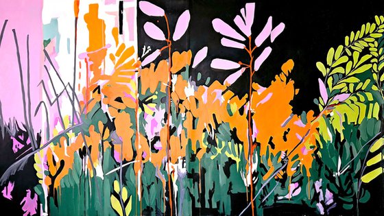 After the rain #3, orange pink black painting