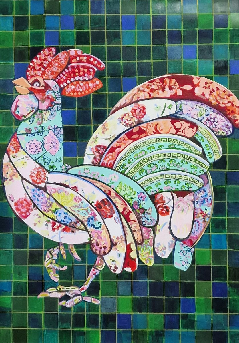 Animal Acrylic Painting By Alexandra Djokic, 28 X 40, Rooster, Original Artwork