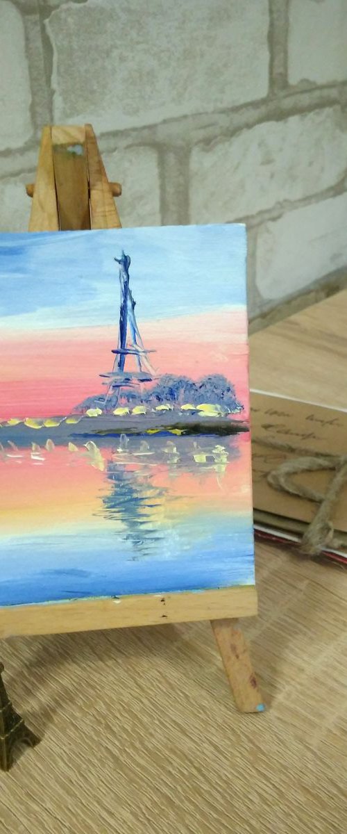 Sunset at the Seine river in Paris miniature painting by Dmitry Fedorov