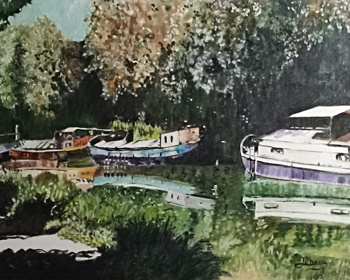 Impressionistic Landscape Oil Painting By Isabelle Lucas, 16 X 13, Boats On Canal, Original Artwork