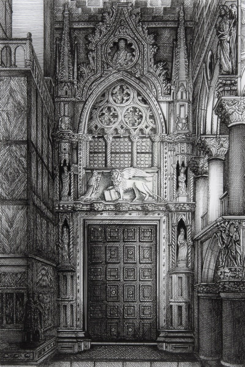 Illustrative Cityscapes Ink Drawing By Graham Mckenzie-Smith, 8 X 12, Porta Della Carta, Venice, Original Artwork