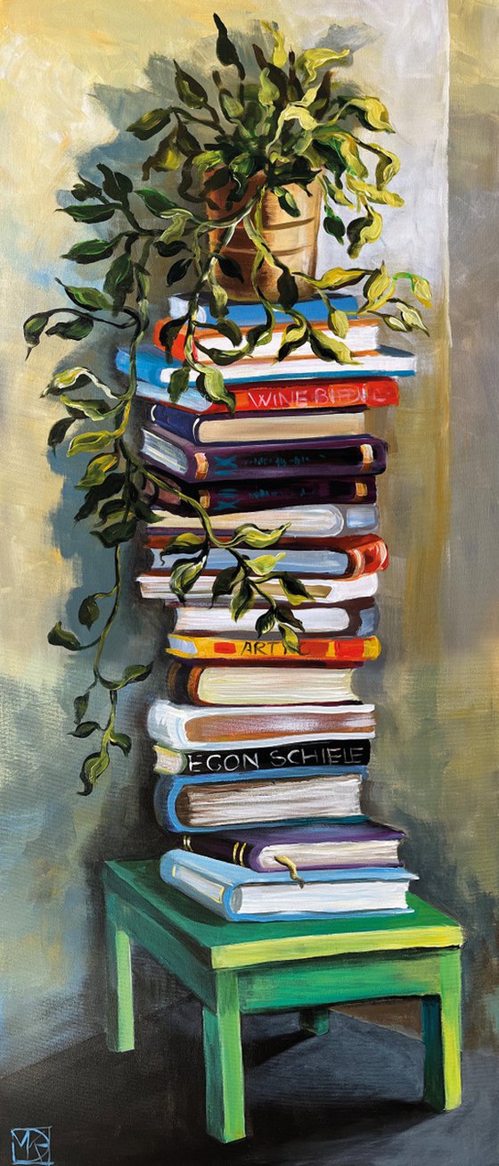 Still life with books and plants