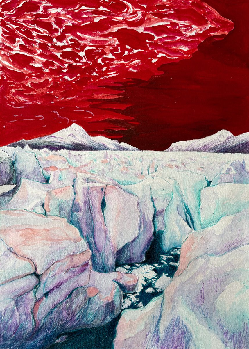 Surrealistic Landscape Drawing By Sofia Fresia, 12 X 17", Melting Glaciers, Original Artwork