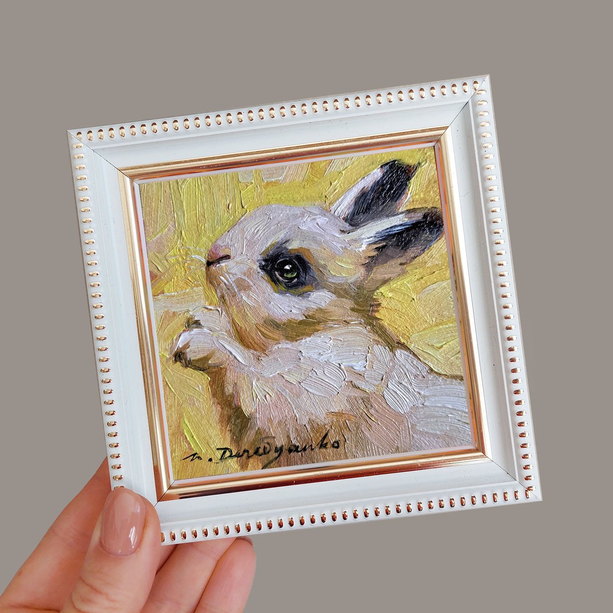 Bunny oil painting original framed 4x4, Small framed art white rabbit artwork yellow backg... by Nataly Derevyanko