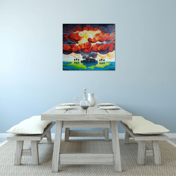 Sunset (80x90cm, cubism, oil painting, ready to hang)