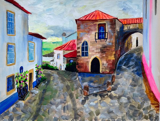 Portugal Original Gouache Painting, Europe Wall Art, Obidos Street Artwork, Travel Gift, Mediterranean Home Decor