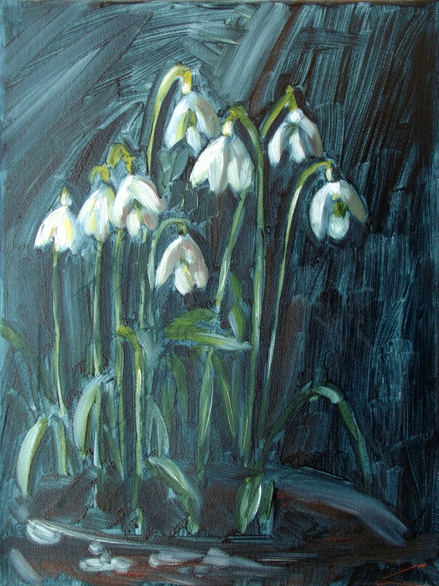 Impressionistic Botanical Oil Painting By Elena Sokolova, 12 X 16, Snowdrops, Original Artwork