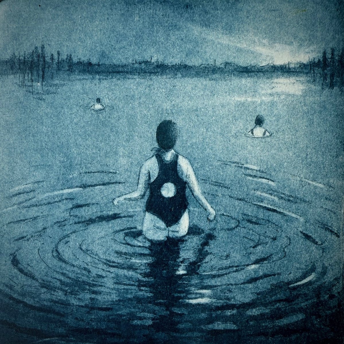 Illustrative Landscape Etchings & Engravings By Rebecca Denton, 7 X 7", Winter Swimmer, Original Artwork