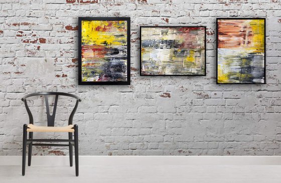 "The Usual Suspects" - FREE USA SHIPPING - Original PMS Abstract Triptych Acrylic Paintings On Canvas and Wood, Framed - 66" x 26"