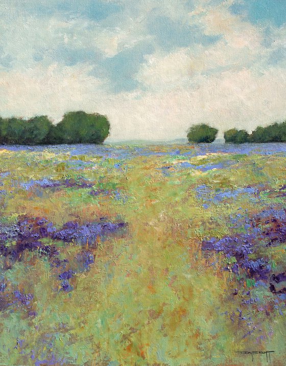 Lavender And Blue Field 220505, flower field impressionist landscape oil painting
