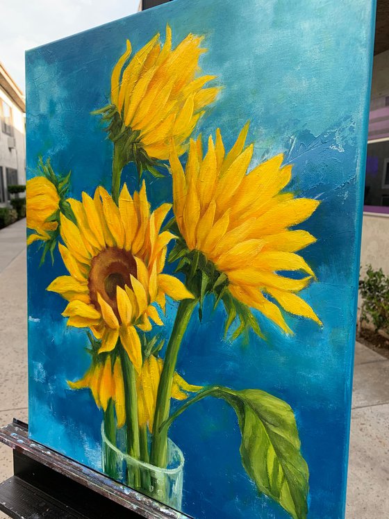 Sunflowers on blue