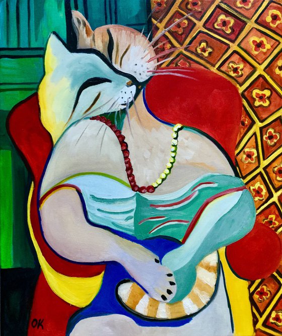 Cat version of “The Dream” by Pablo Picasso. Painting  for cat lovers.