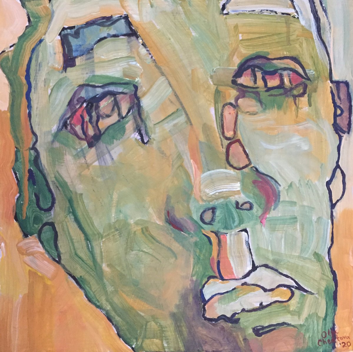 Portrait face in green colors figurative painting abstract wall art by Olga Chertova