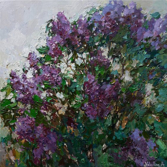 Blooming purple lilacs Original oil painting 90 x 90 cm