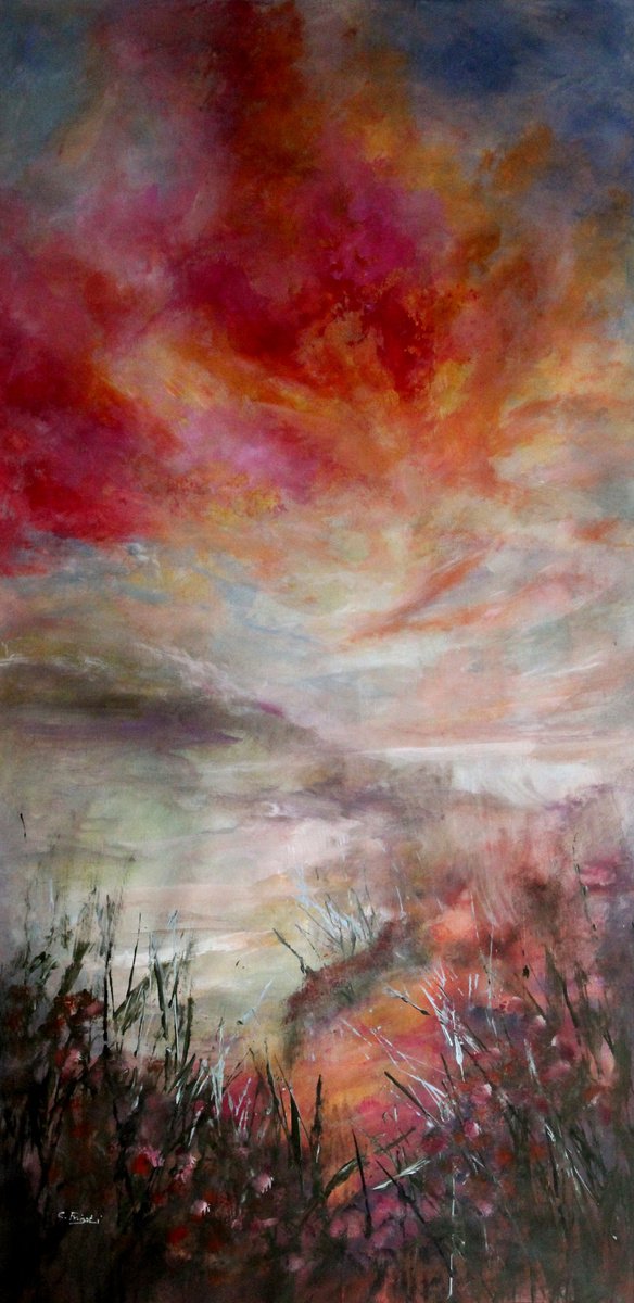 Expressive Botanical Acrylic Painting By Cecilia Frigati, 28 X 55, Paesi Lontani, Original Artwork