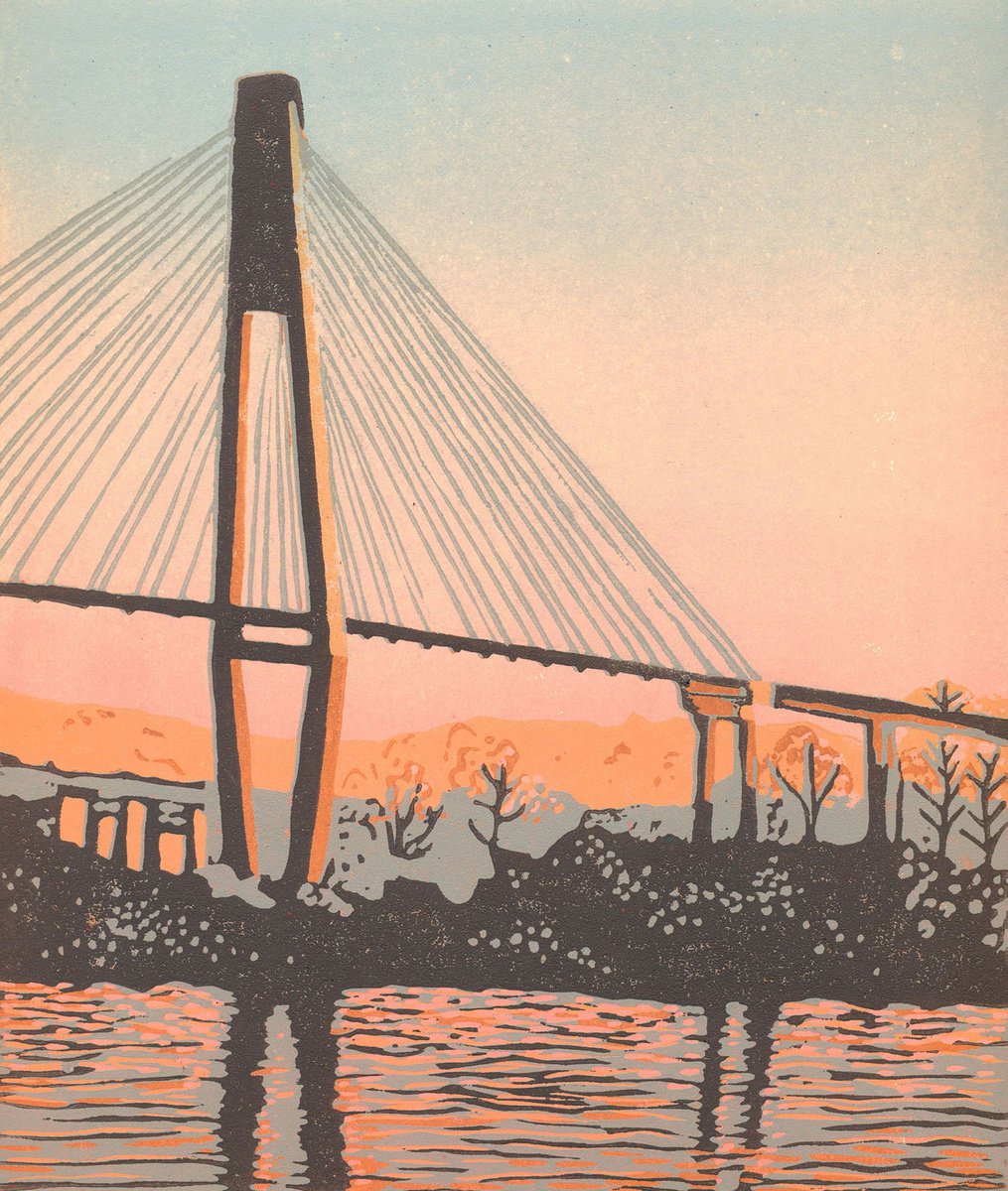 Cityscapes Linocut By Kate Goetz, 11 X 13", Bridge Into Morning, Original Artwork