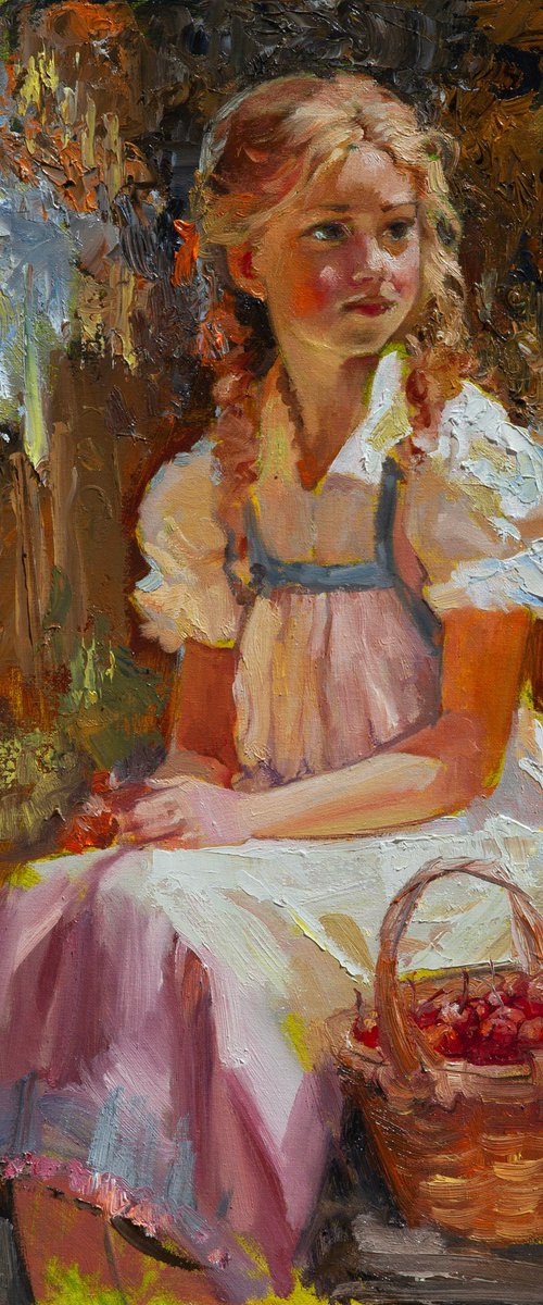 Village girl and cherries by Sergei Yatsenko