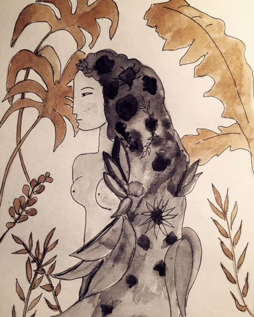 Jungle Girl - ink and coffee painting by Paul Simon Hughes