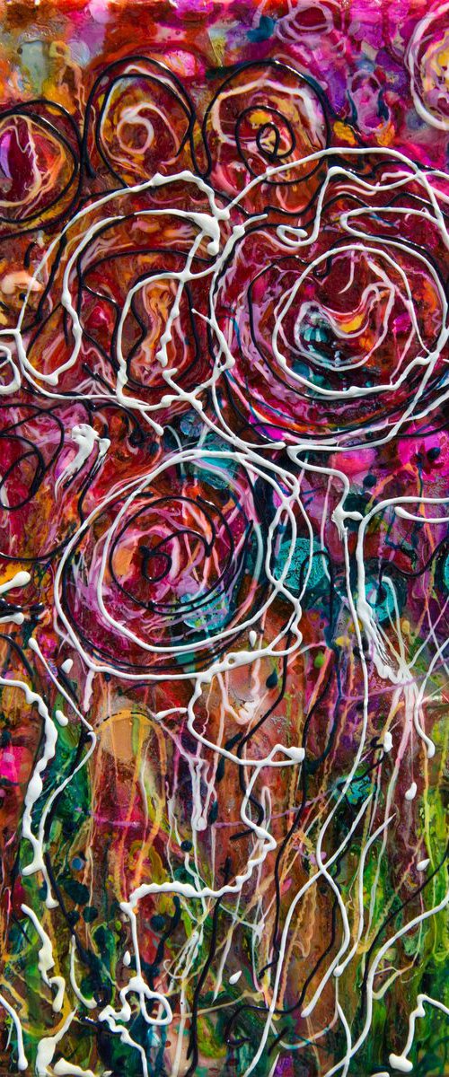 Floral Abstract, Dripped Pollock Style on canvas 12"x12"x0.5" by Lena Owens at OLena Art