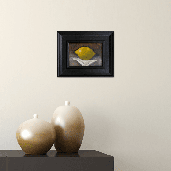 Lemon Still Life original oil realism painting, with wooden frame.