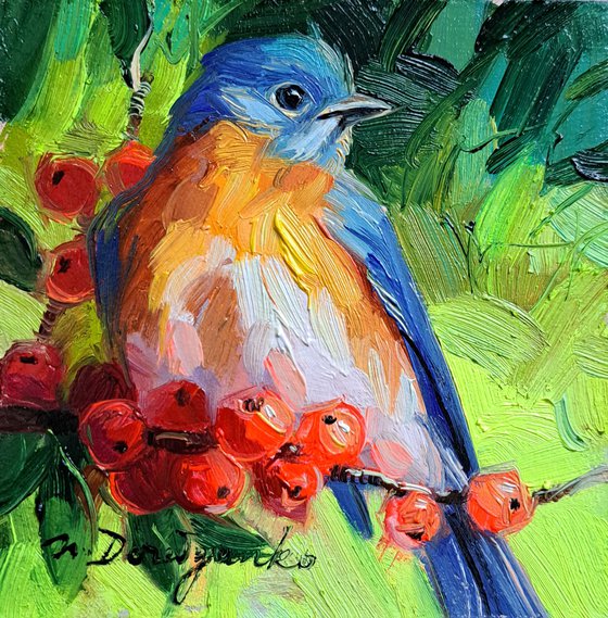 Eastern Bluebird painting original in oil 4x4 framed spring bird art