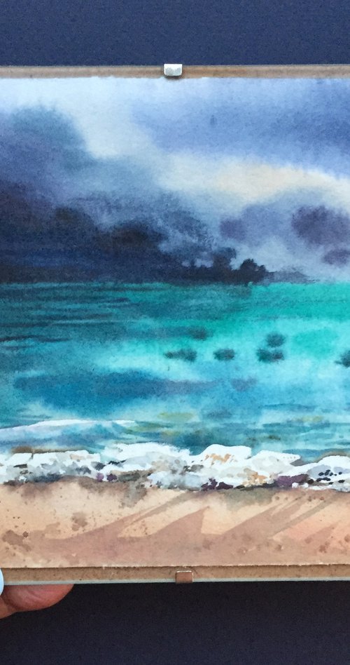 The ocean before the thunderstorm. Turquoise watercolor seascape painting. by Natalia Veyner