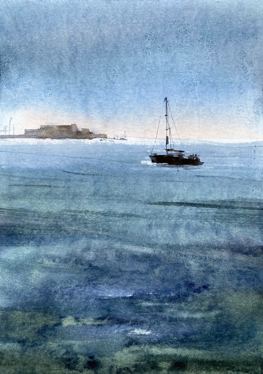 Boat in the sea - original seascape watercolor by Anna Boginskaia