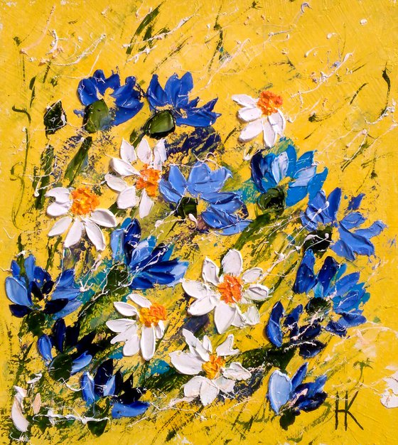 Chamomile Painting Original Oil Artwork Cornflowers Meadow Abstract Flowers Impasto Small Wall Art