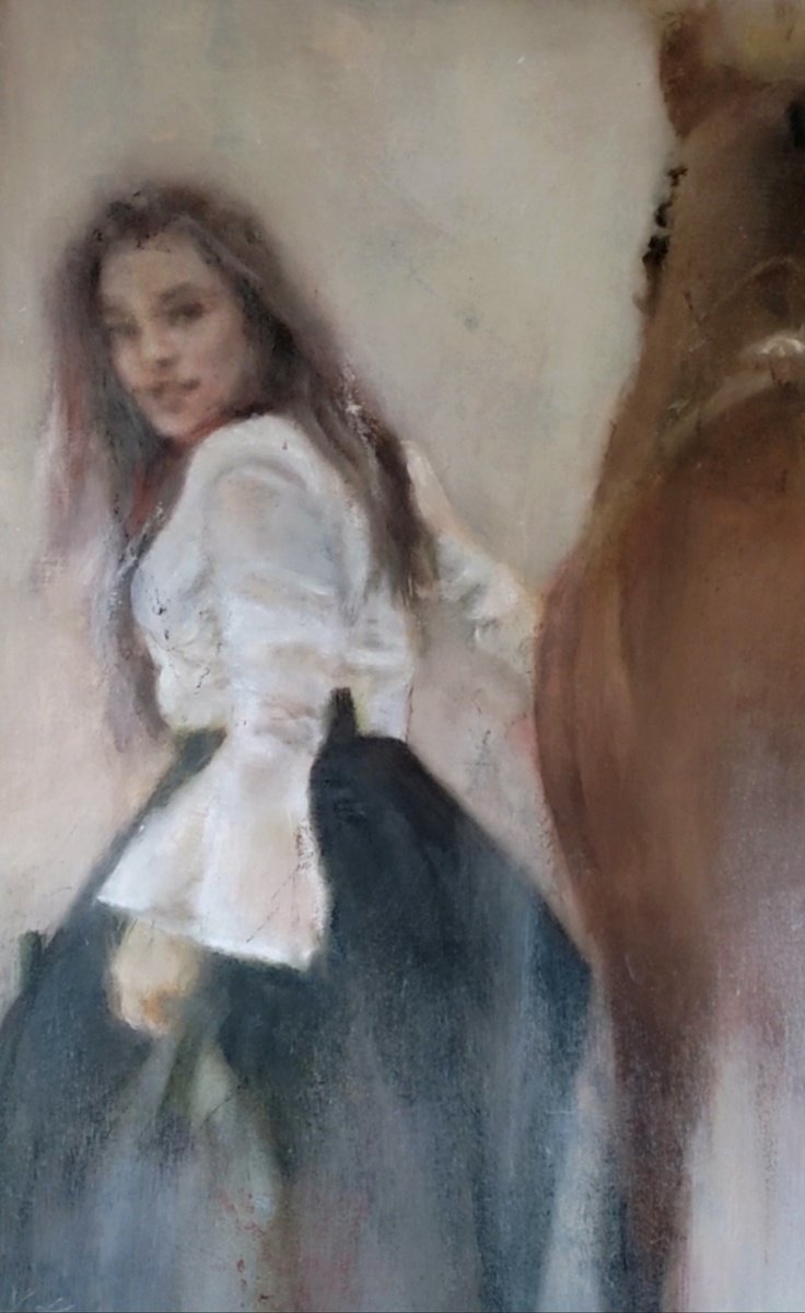 Impressionistic Portrait Oil Painting By Yuliia Kyrsanova, 21 X 33", With The Wind, Original Artwork